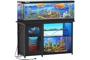 Hyomdeck 55-75 Gallon Fish Tank Stand with Power Outlets & LED Light, Reversible Heavy Duty Metal Aquarium Stand with Cabinet for Fish Tank Accessories Storage, Turtle/Reptile Terrariums, Black