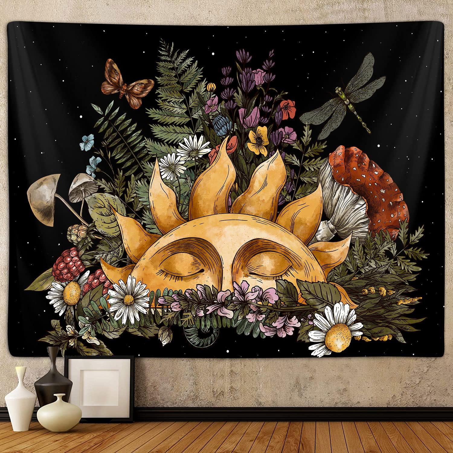 Tapestries - Boho Sun Tapestry for Bedroom Aesthetic, Vintage Mushroom Botanical Plant Art Tapestries Wall Hanging for College Dorm Living Room Decor 40X30, Fairy Galaxy Poster Blanket