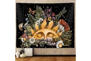 SANZUGH Boho Sun Tapestry for Bedroom Aesthetic, Vintage Mushroom Botanical Plant Art Tapestries Wall Hanging for College Dorm Living Room Decor 60X40", Fairy Galaxy Poster Blanket