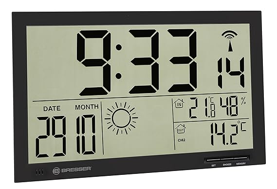 Bresser Wanduhr Wetterstation Funk mit Außensensor MyTime Jumbo LCD mit sehr großer Anzeige von Uhrzeit, Datum, Innen- & Auße
