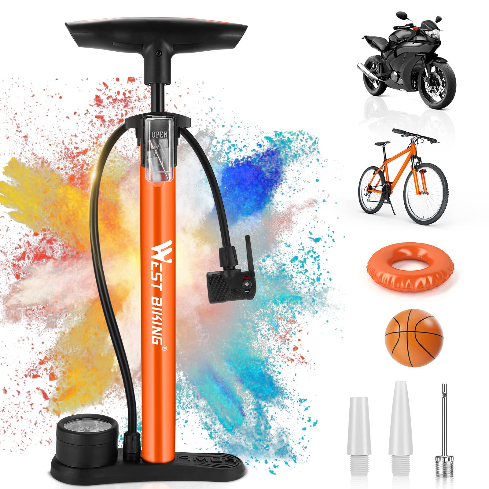 WESTGIRL Bicycle Pump with Pressure Gauge - 11 Bar/160 PSI, Presta and Schrader Valves - Portable Air Pumps for Road, Mountain, Electric Bikes, MTB, Balls, Orange, Universal