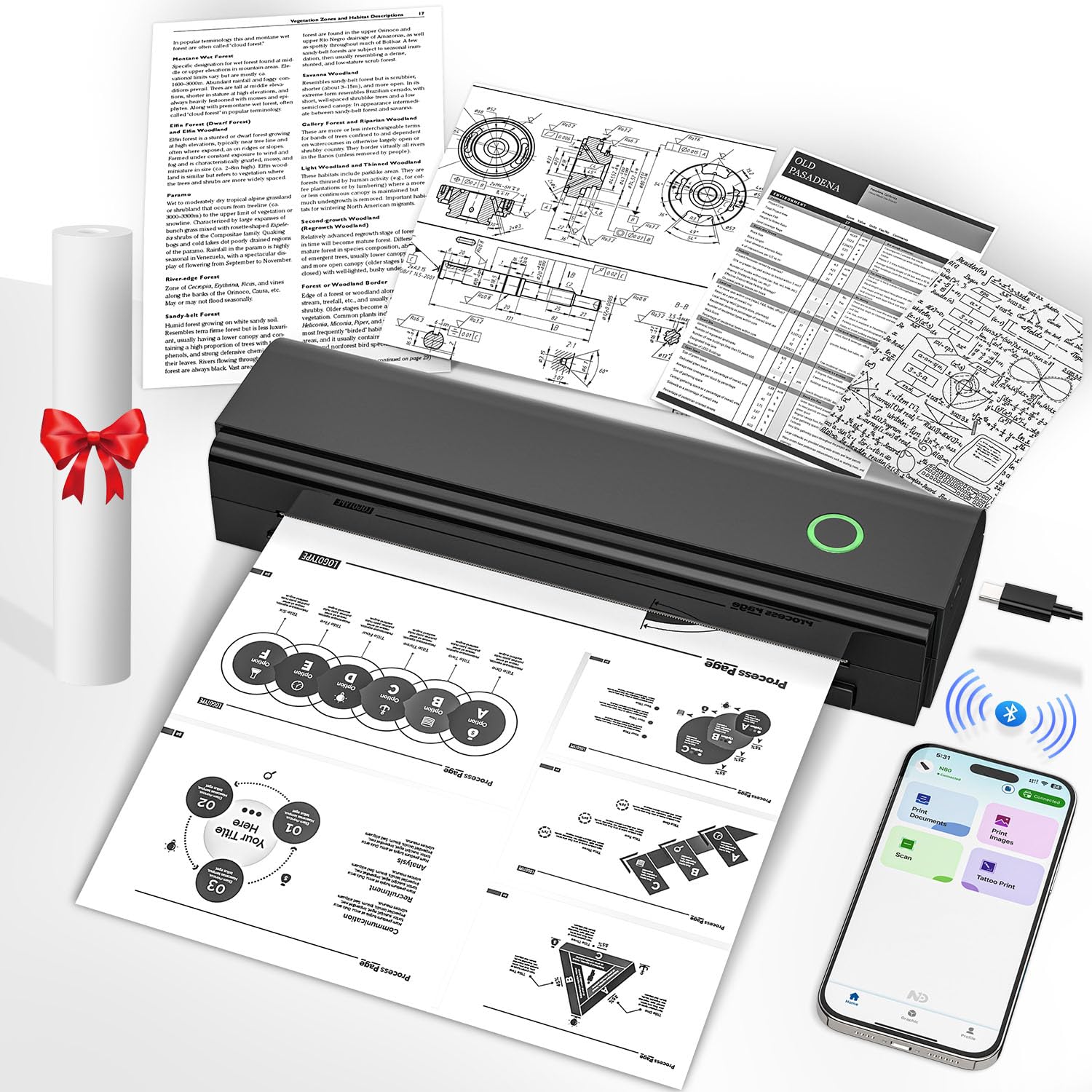 Photo 1 of NADAIIN Portable Printers Wireless for Travel, Bluetooth Thermal Printer Supports 8.5" x 11" US Letter & A4 Size, Inkless Mobile Printer Work with Android iPhone Laptop for Home Office School, Black