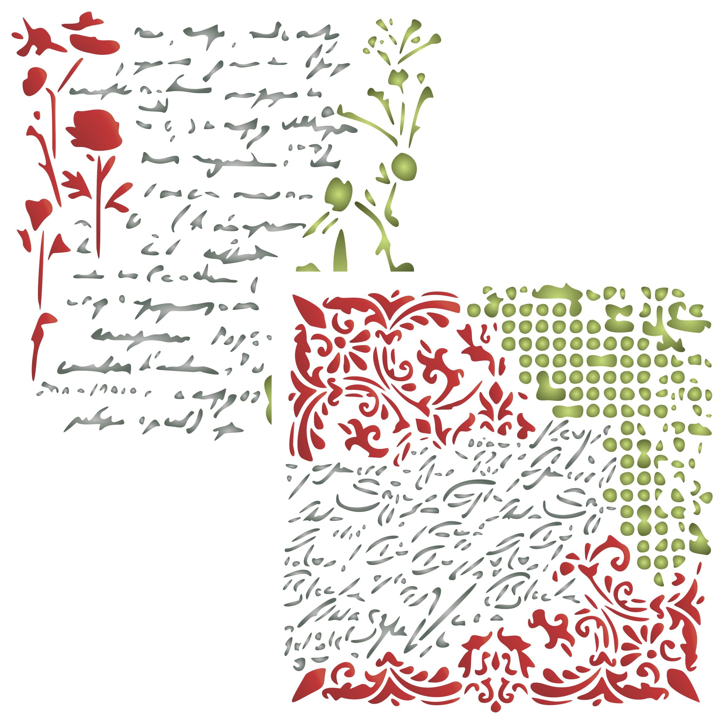 2X Postcards Stencil, 2pc / 16.5 x 16.5 cm (M) - Use Layering Shapes Script Flowers Scrolls to add Texture and Design to Mixed Media Backgrounds Stencils for Painting Template