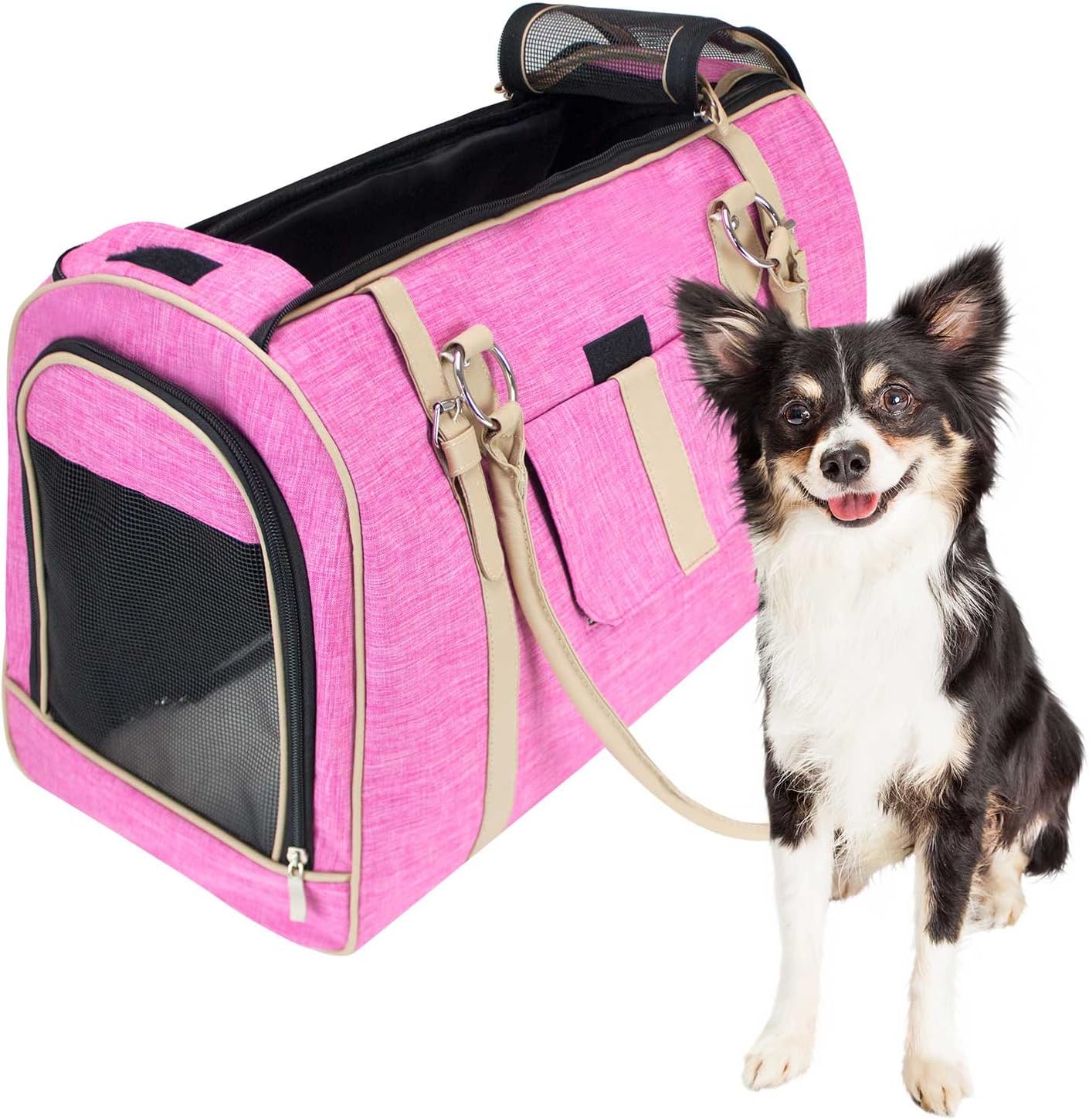 FrontPet Airline Approved Soft Pet Carrier, Stylish Pink Pet Carrier Purse with Faux Leather Accents and Padded Fleece Insert, Pet Carrier Purse, Large, Pink