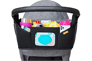 liuliuby Stroller Organizer - Large Storage Space with Cup Holder & Easy Access Wipes Pocket - Customizable Compartments & Universal Fit Stroller Caddy - Parent Console Accessories