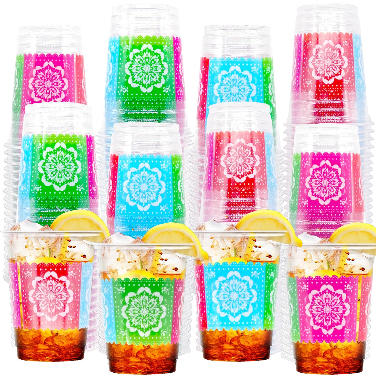 Photo 1 of 100 Count 12 oz Fiesta Plastic Cups Mexican Disposable Party Cups Cinco De Mayo Margarita Drinkware for Fiesta Cinco De Mayo Mexican Theme Birthday Taco Bar Birthday Wedding Party Supplies Decorations