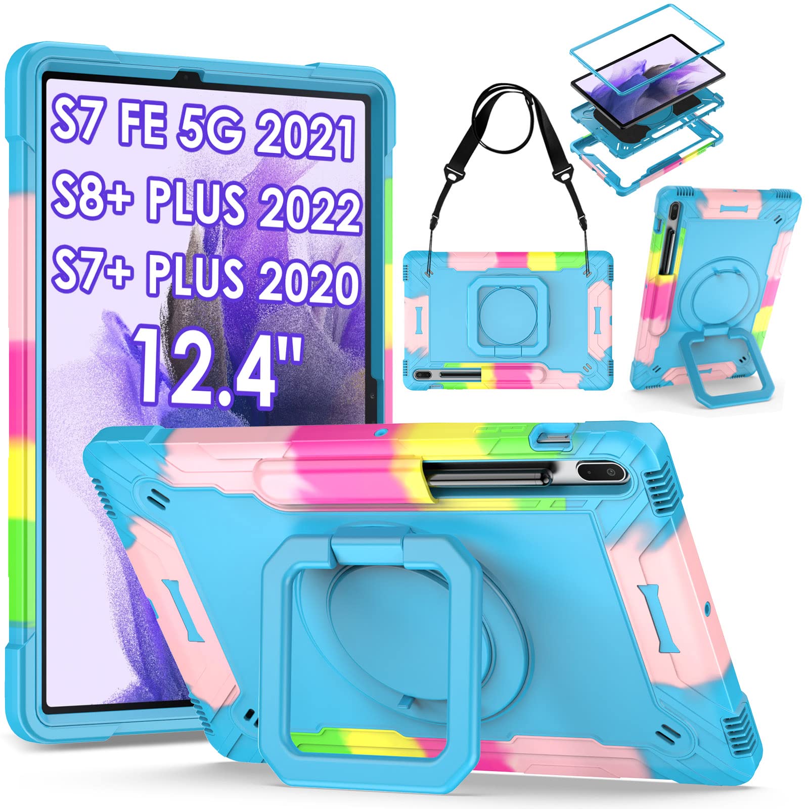 Photo 1 of DETUOSI 360 Rotating Hybrid Case for Samsung Galaxy Tab S7 FE 5G/ S8+Plus/ S7+Plus 12.4" with S Pen Holder & Shoulder Strap, 360 Degree Swivel Kickstand Heavy Duty Hybrid Bumper Protective Kids Cover