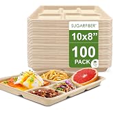 10X8 inch Compostable Disposable Shallow 5 Compartment Paper Trays Natural | School Lunch Plates Tray, Biodegradable, Heavy-Duty, Bagasse, Microwave Safe, Eco-Friendly, Sugarcane,Plant Fibers,Sugarfiber