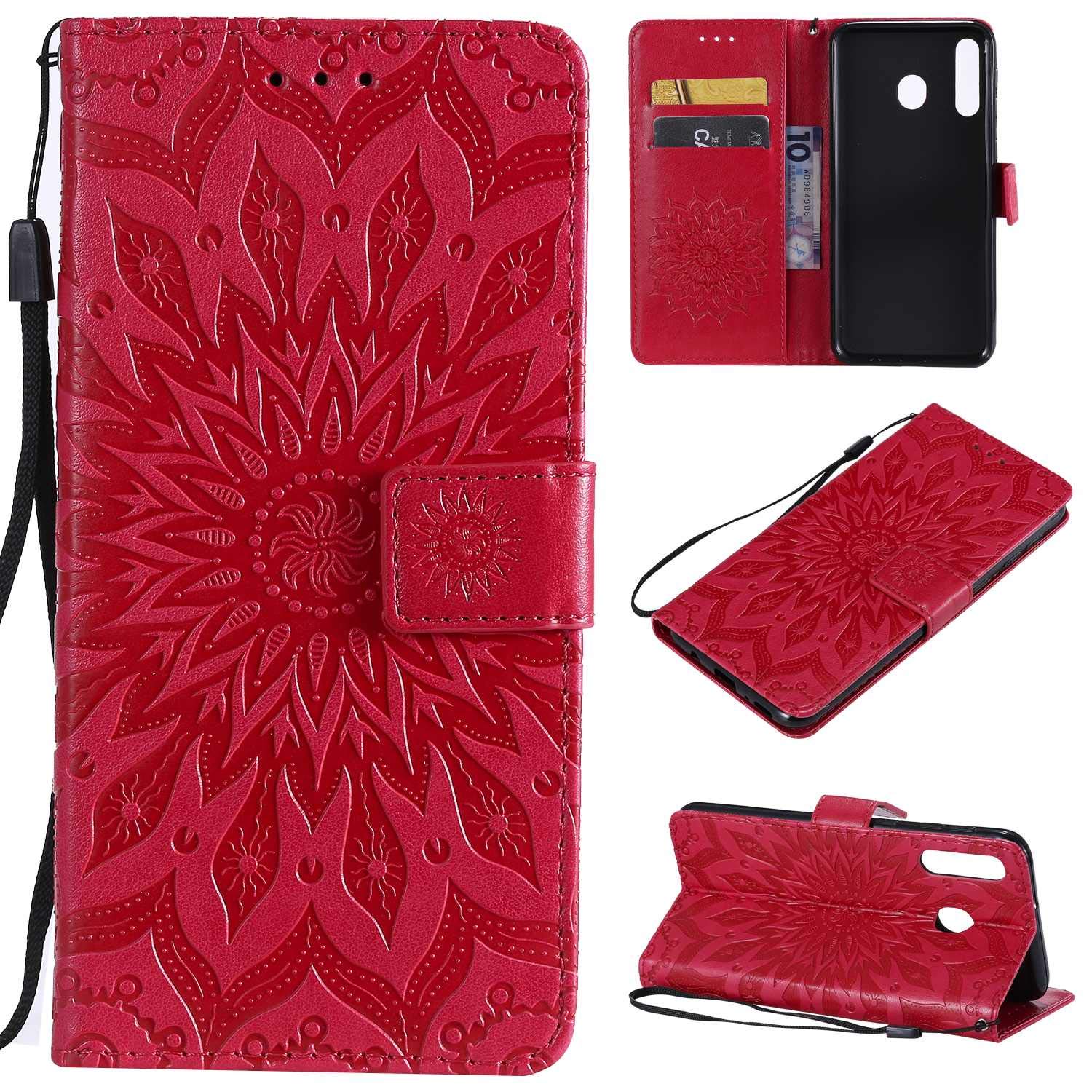 KKEIKO Galaxy M30 Case, Galaxy M30 Flip Leather Wallet Case Notebook Style, Sun Flower Design Shockproof Cover for Galaxy M30 - Red