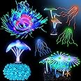 Weewooday 57 Pieces Glowing Fish Tank Decorations Plants with Simulation Silicone Coral Glowing Jellyfish Lotus Leaf Changeable Green Sea Anemone Luminous Stones for Aquarium Fish Tank Ornament