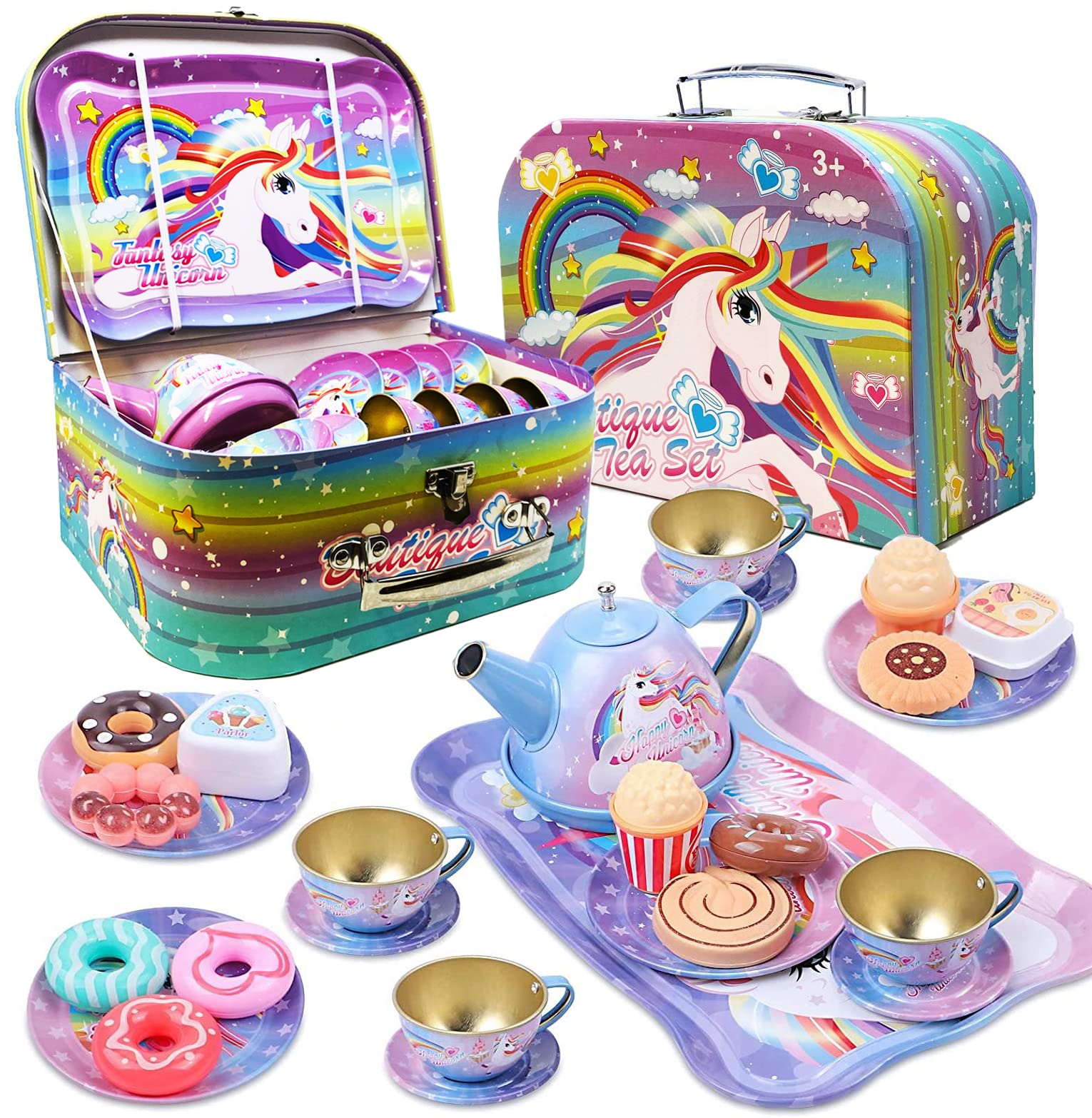 Xwin Sportseries 27Pcs Kids Unicorn Tea Set with Pretend Play Dessert sweet and candy Toy & Carrying Case, Princess Tea Time, Great Return Toy Gift for Your Kids & Little Girls, Colourful Design