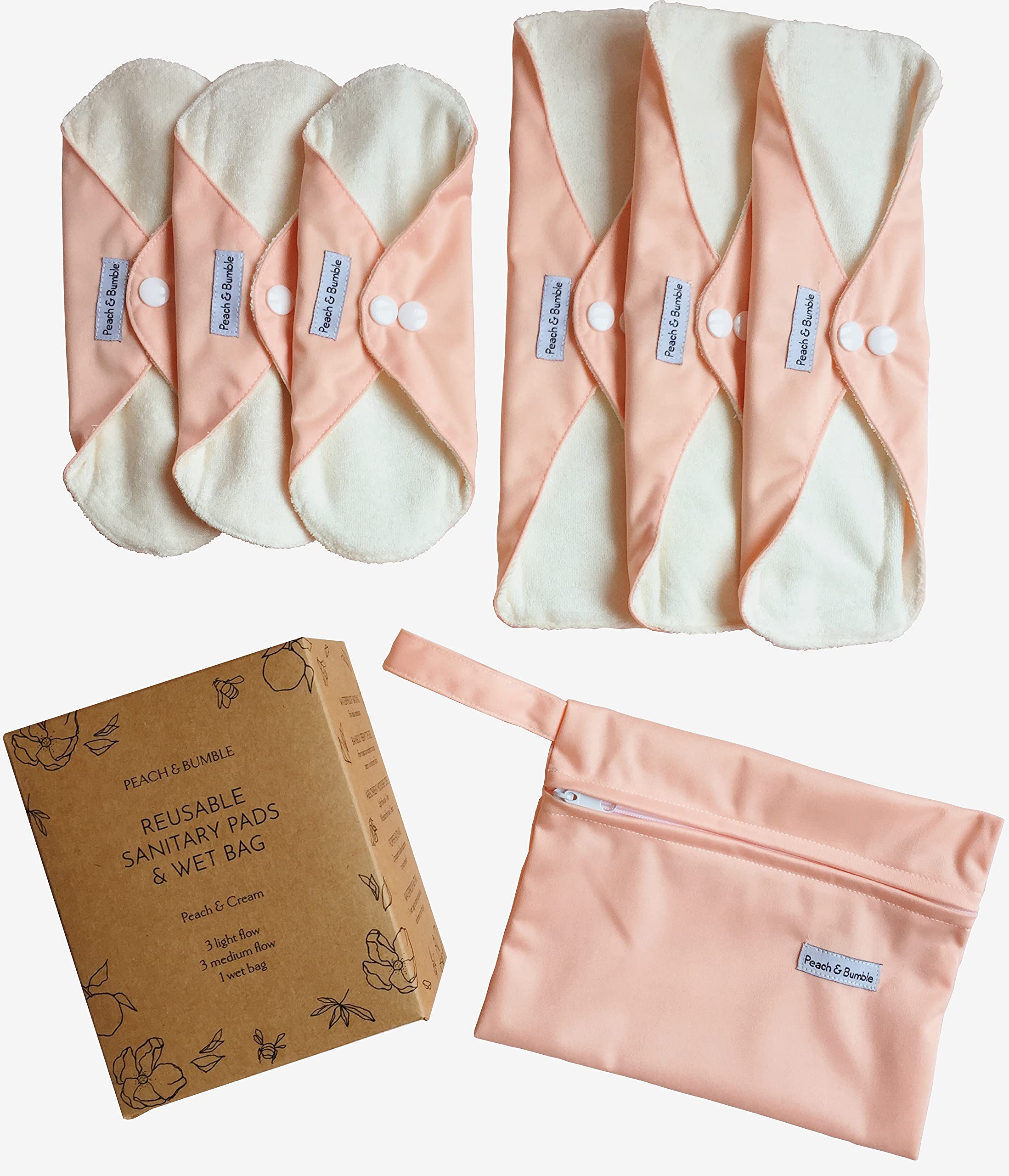 Peach and Bumble Reusable Sanitary Pads and Wet Bag (6 Pads with 1 Wet Bag), Eco-Friendly, Low Waste, Starter Pack, Eco Gift