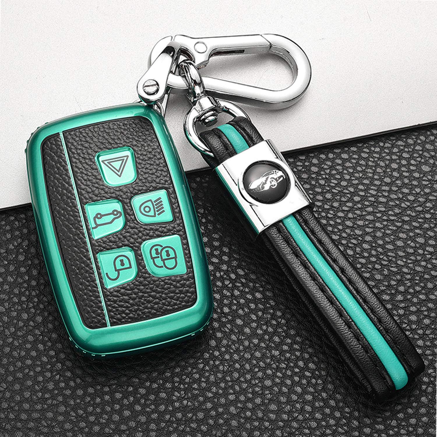 ontto Car Key Cover for Land Rover Discovery Evoque LR4 Range Rover Sport Jaguar XE XF F-Pace Keychain TPU Leather Key Fob Shell Holder Protector 5-Button Remote Key Case Keyring Green A