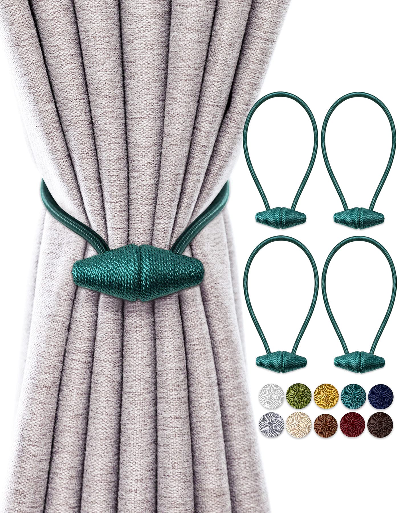 TECVINCI Magnetic Curtain Tiebacks with Upgrade Larger Magnet, 4 Pack 40cm Drapery Holdbacks for Indoor & Outdoor Curtain - Teal