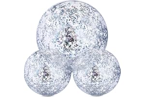 Hsei 3 Pcs Inflatable Beach Ball 16 Inch Glitter Summer Swimming Pool Disco Balls with Confetti Floatable Blow up Toys Decorations for Beach Wedding Outdoor birthday Party Favor(Silver)