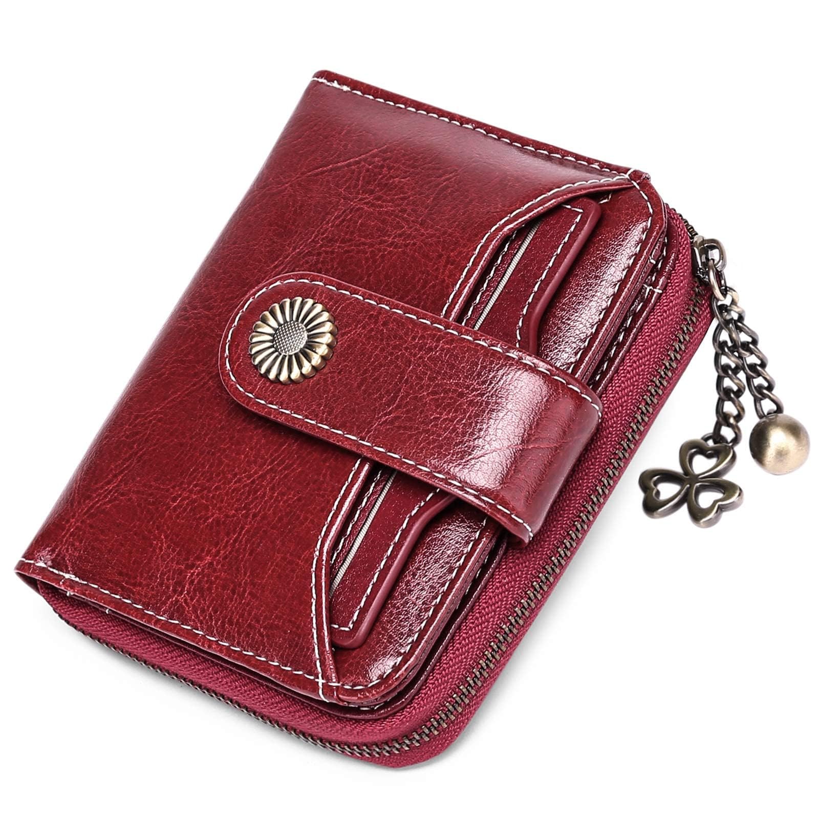 SENDEFN Purses for Women Genuine Leather Small Bifold Compact Womens Wallet with RFID Protection Wine Red