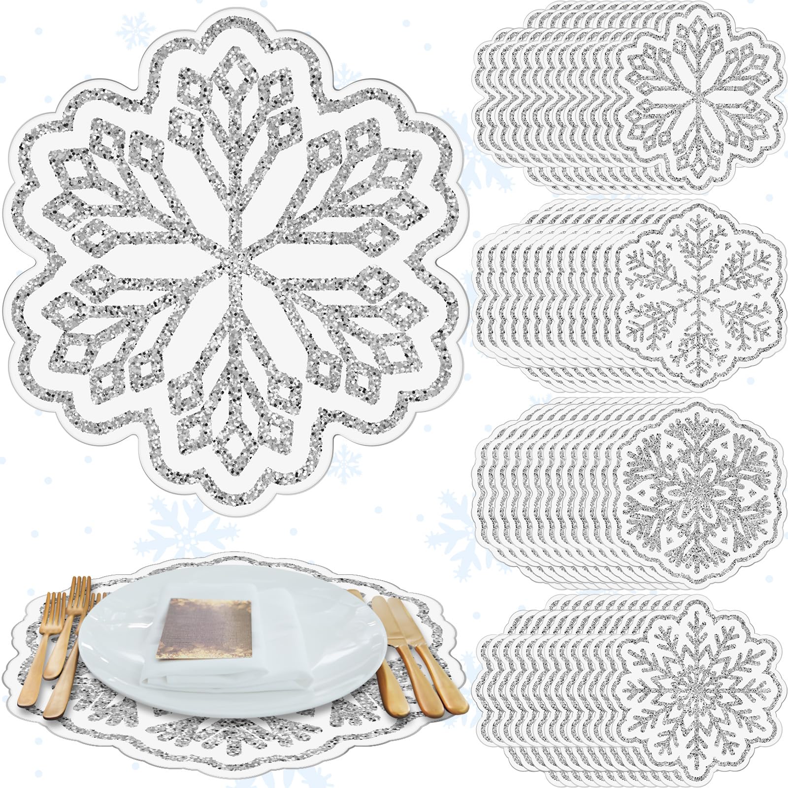Photo 1 of Dunzoom 100 Pcs Snowflake Paper Placemats Disposable Winter Snowflake Place Mats Decorative Table Mats Bulk for Christmas Winter Party Supplies Table Setting(Elegant Style,Silver)