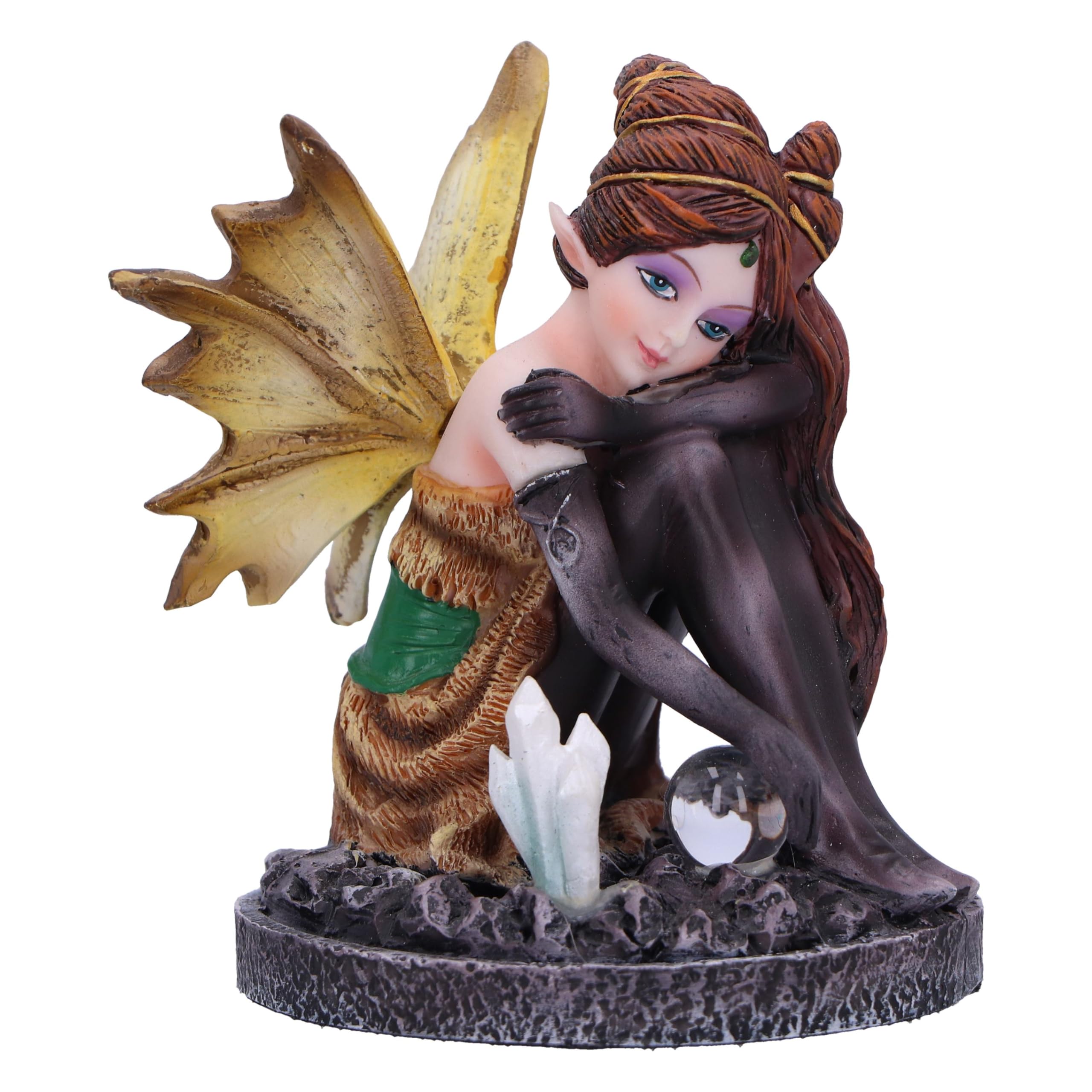 Nemesis Now Crystal Fairy Amber Figurine 8.2cm, Resin Featuring Crystals, Sitting Holding Glass Ball, Fantasy Gift, Cast in the Finest Resin, Expertly Hand-Painted