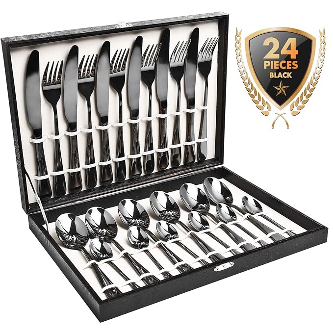 HOBO Schwarzes Besteck 24-teilig Besteckset 6 Personen aus rostfreiem Edelstahl 6*Messer/Gabeln/Löffel/Teelöffel ALS Geschenk