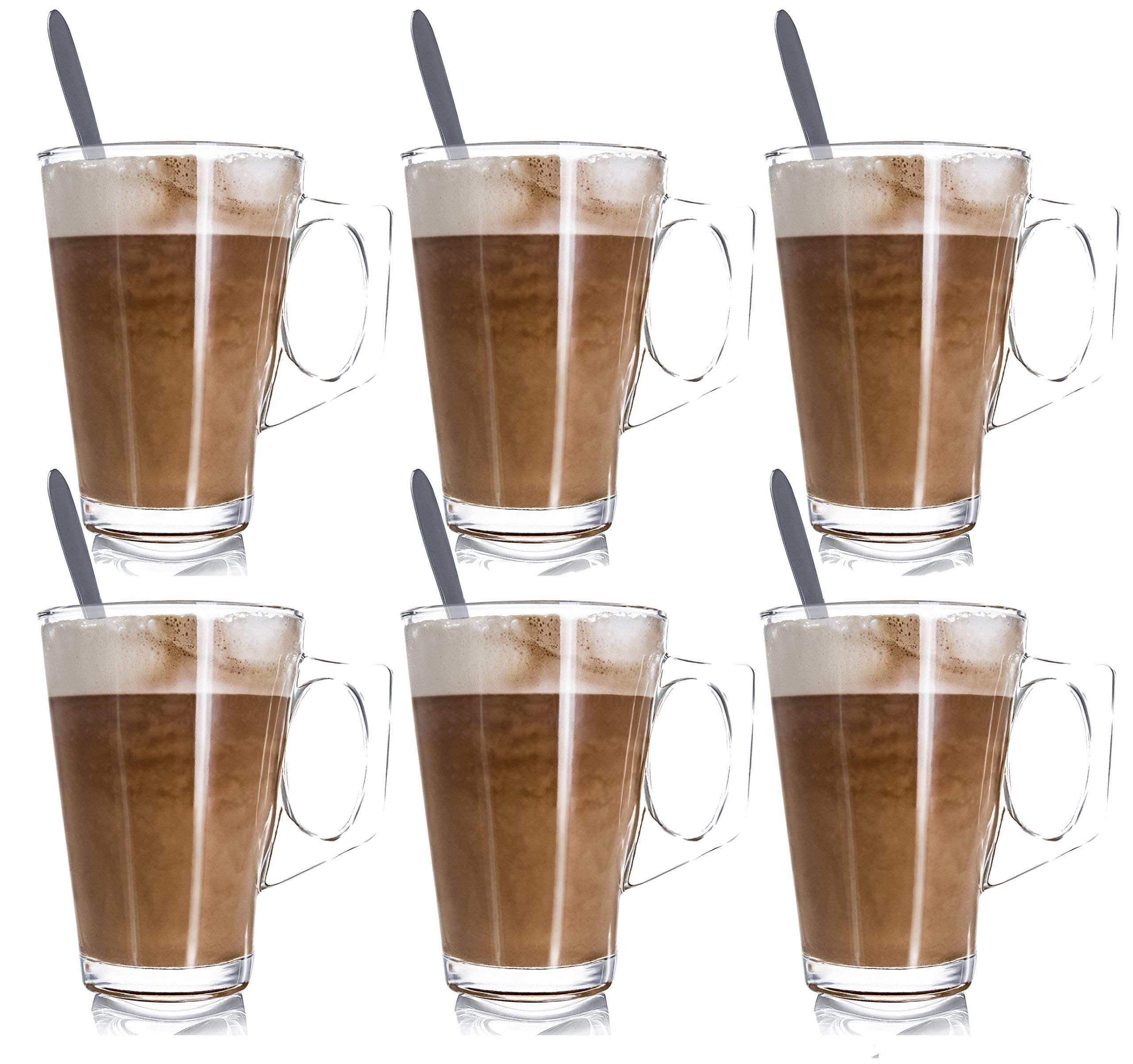 LIVIVO Set of 6 Tall Latte Glasses with Spoons Perfect for Coffee
