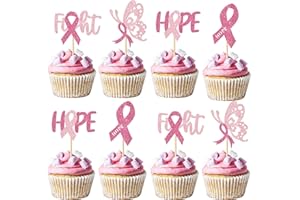 YCTHUNFISH 24 Pack Breast Cancer Awareness Cupcake Toppers Glitter Pink Ribbon Fight Beliveve Hope Cupcake Picks for Believe Hope Pink Ribbon Party Cake Decorations Supplies