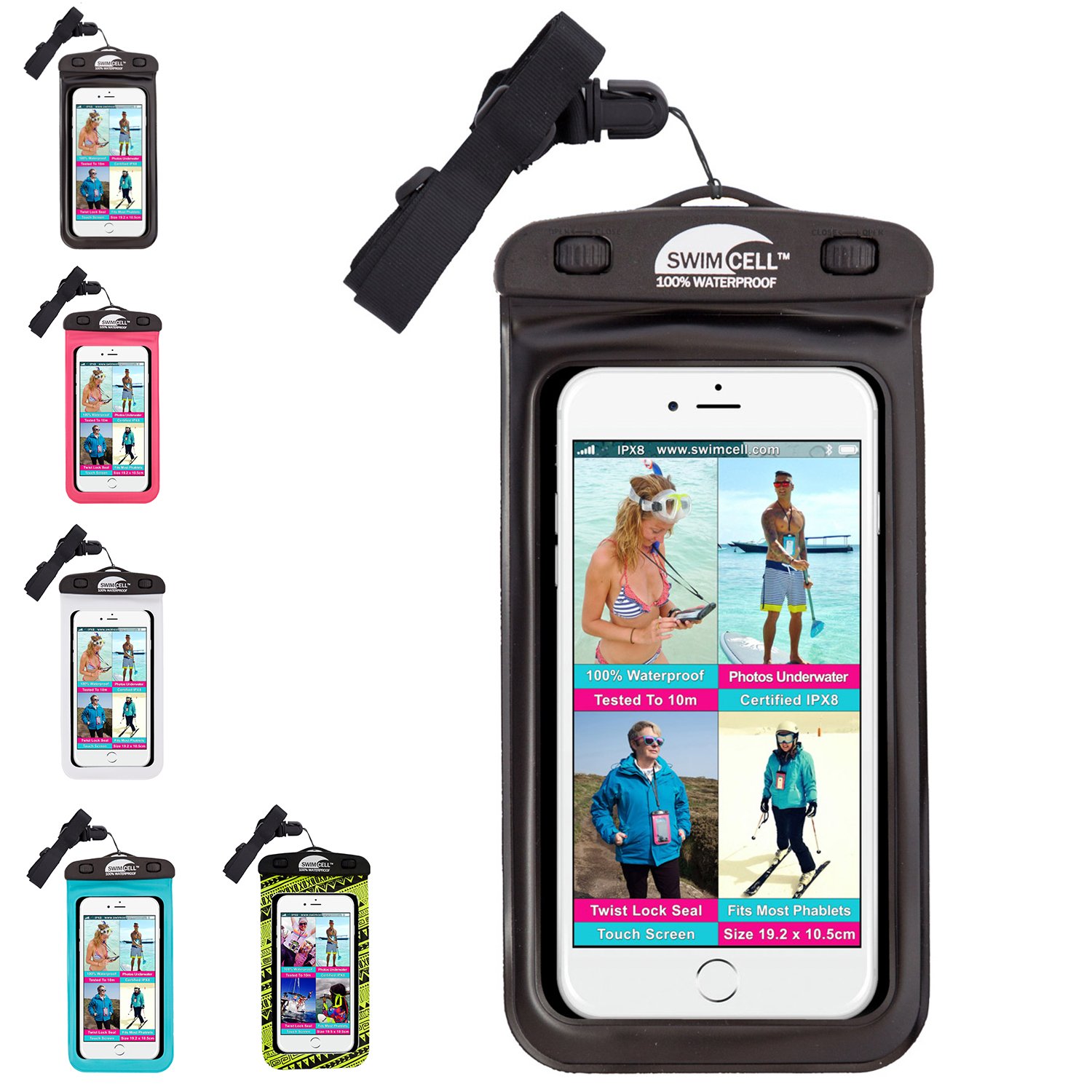 SwimCell Waterproof Phone Case For Swimming - Fits ALL LARGE Size Mobile Phones 10.5x18.5cm - Ideal for iPhone, Samsung and Android - Waterproof Phone Pouch - IPX8 Certified - Black, Large