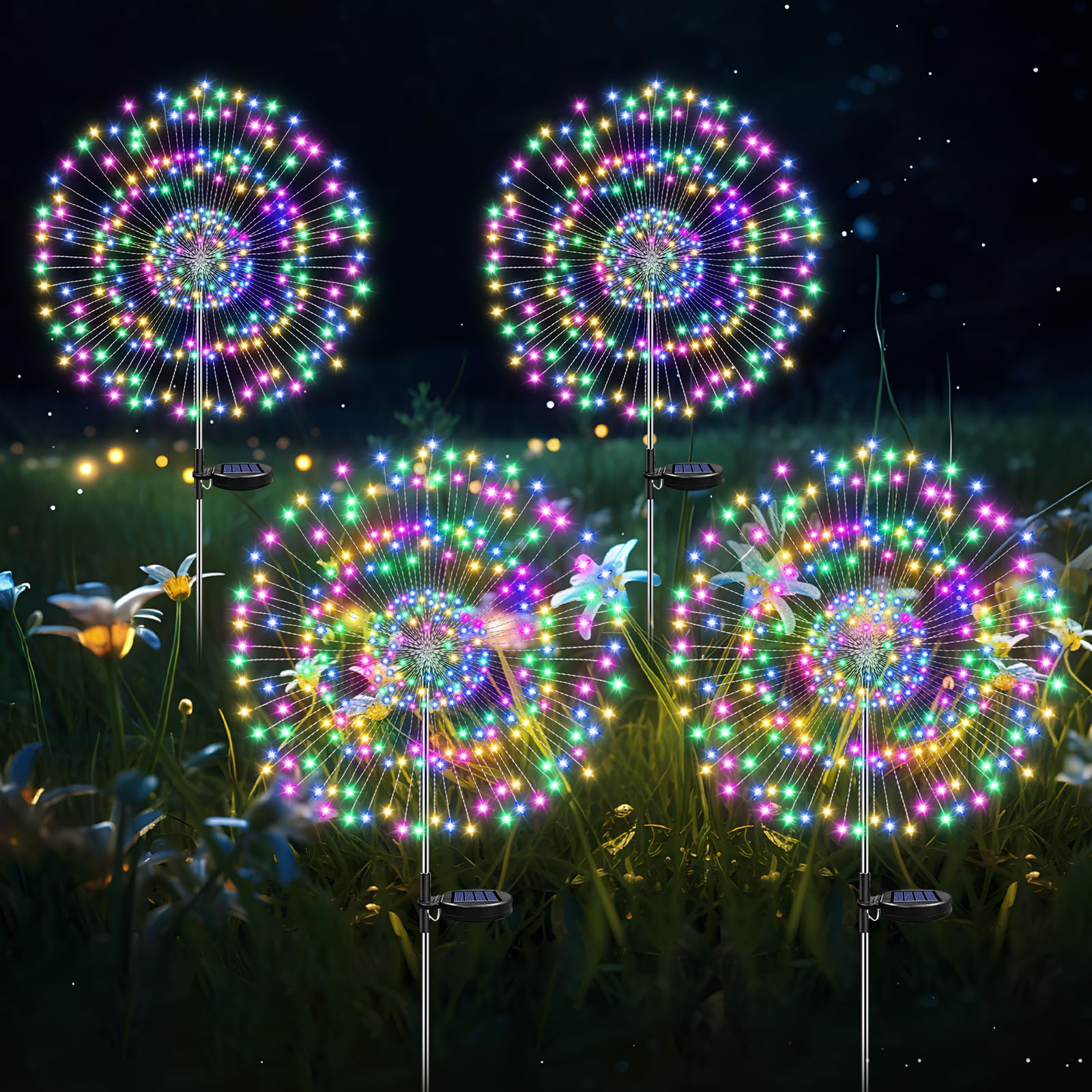 Garden Solar Firework Lights Outdoor, 4Pack Fireworks Light Waterproof String Landscape Starburst Light Decoration for Home Walkway Pathway Backyard Party(Muti-Colorful)