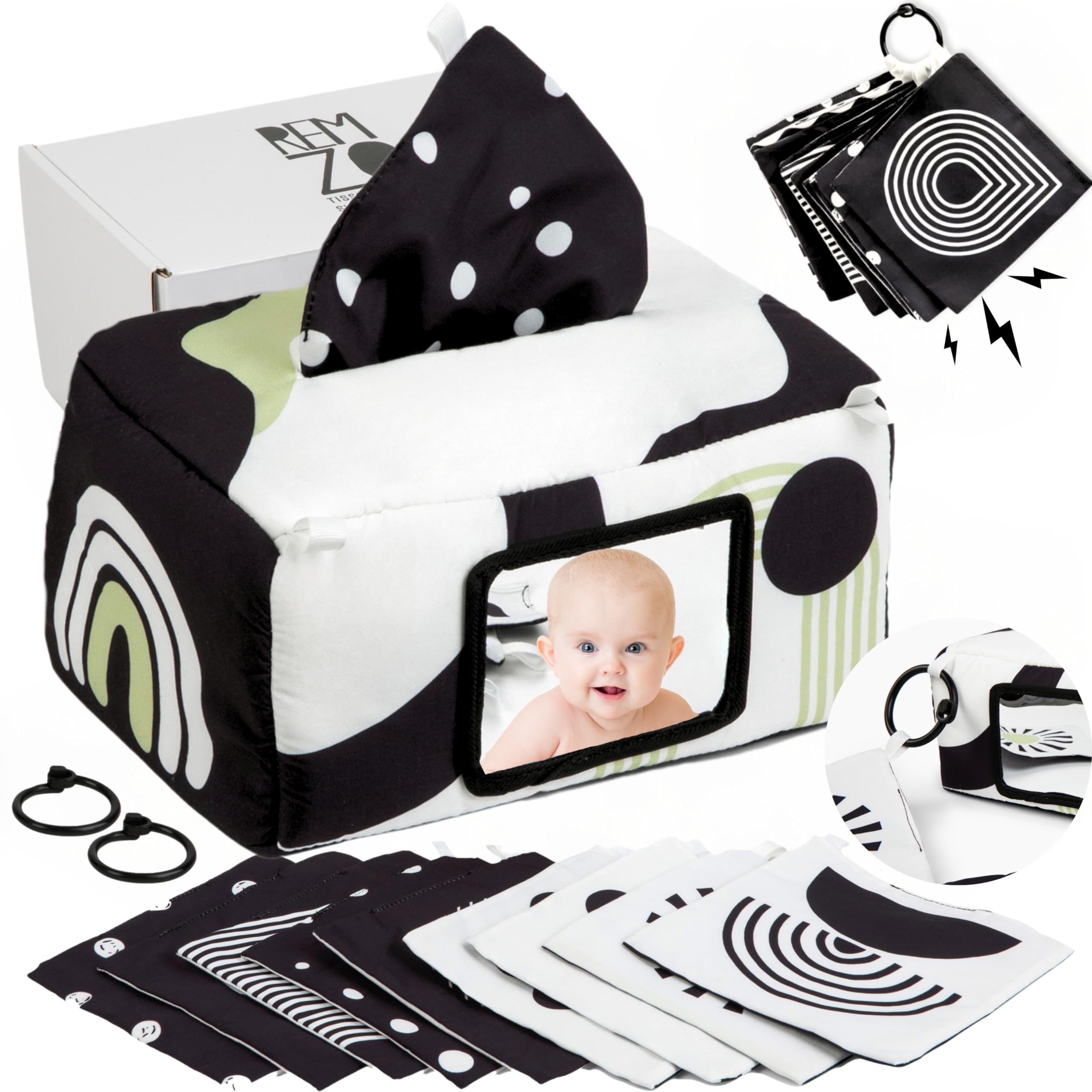 REMZO Baby Tissue Box Toy 3-in-1 w/ 10 Hanging Baby Crinkle Paper and Tummy Time Mirror - High Contrast Baby Toys for Newborn - Sensory Montessori Magic Tissue Box - Crinkle Books for Babies