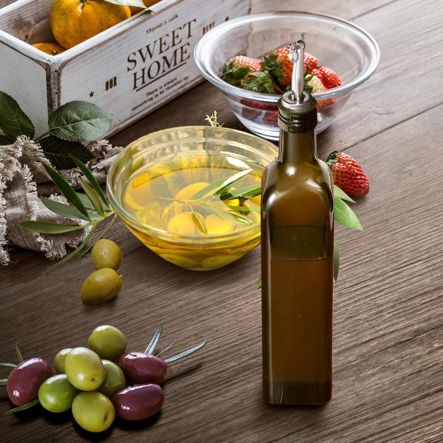 Aozita 17oz Glass Olive Oil Bottle - 500ml Dark Brown Oil & Vinegar Cruet with Pourers and Funnel - Olive Oil Carafe Decanter for Kitchen: Kitchen & Dining