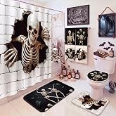 FuWeave 8 Pcs Halloween Shower Curtain Set, Skeleton Breakthrough Bathroom Decor with 3D Wall-Breaking Skull, Include Non-Slip Bath Mat, Toilet Lid Cover, Towels and 12 Hooks for Gothic Bathroom