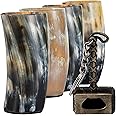 FENRIR Viking Drinking Horn Mug Set of 4 | Easter Special Viking Gifts for Men & Women | Bottle Opener | Natural Ox Horn Viking Cups | Norse Shot Glasses Set To Drink Ale, Beer, Mead |12-13 Oz/Glass