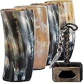 FENRIR Viking Drinking Horn Mug Set of 4 – Gifts for Men, Dad, Husband – Unique Viking Gift – Natural Ox Horn Cup with Opener – For Beer, Ale, Mead (12-13 Oz/Glass)