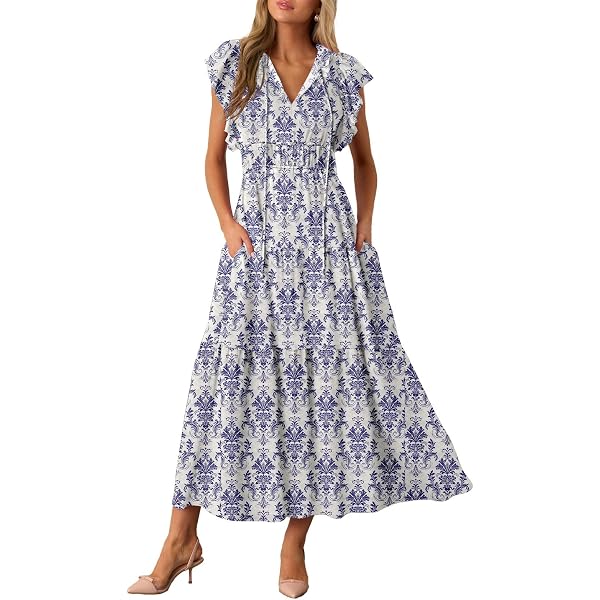 Milumia Summer Flowy Bohemian Dresses for Women 2024 Boho Floral V Neck  Ruffle Hem Maxi Dress Green and White Large at Amazon Women's Clothing store