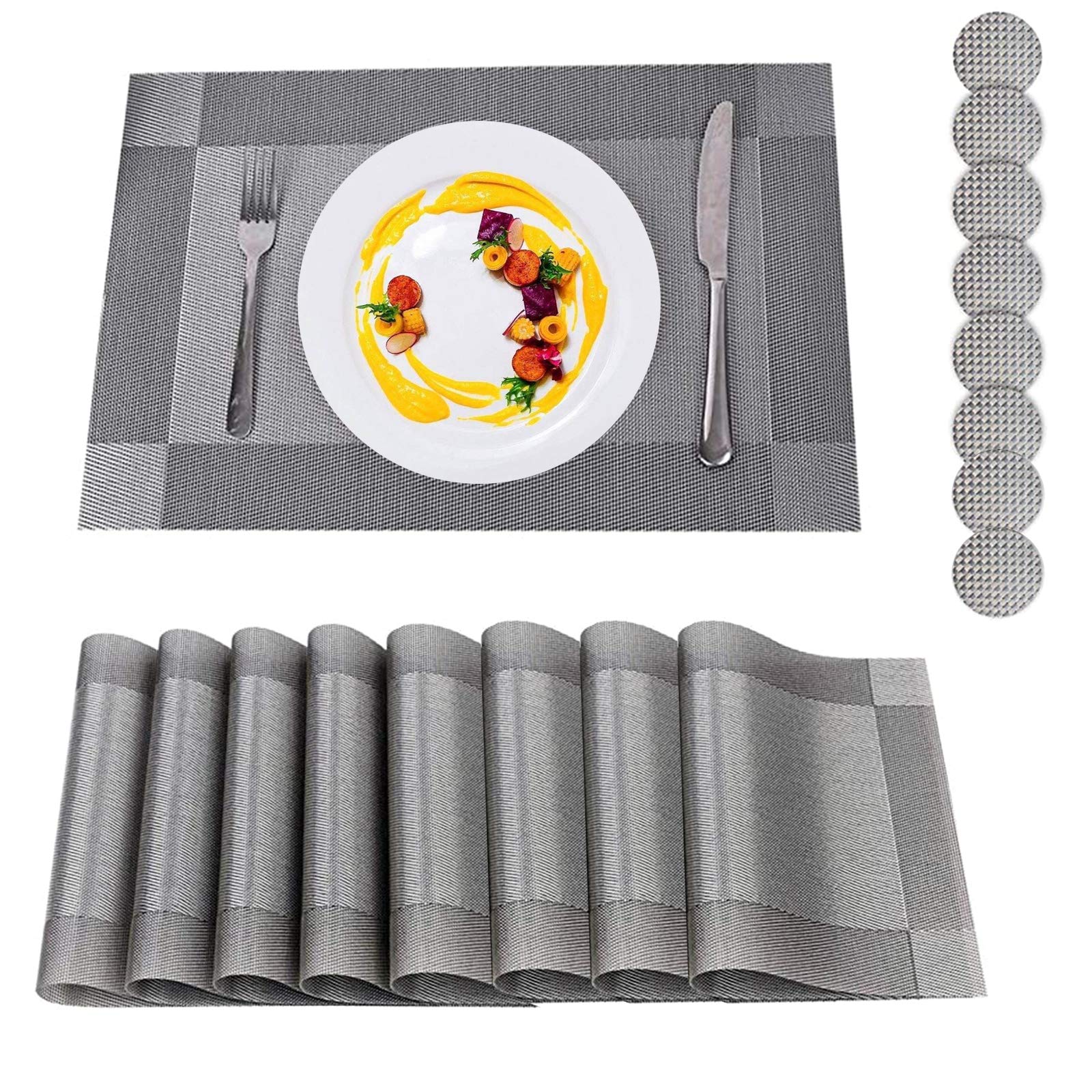 ConBlom Placemats, Placemats and Coaster Sets 8, PVC Heat-resistant Table Mats Set Washable with 8 x Non-slip Placemats + 8 x Round Coasters for Kitchen Dining Table (Set of 8, Grey)