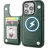 ONETOP Compatible with Magsafe for iPhone 16 Pro Wallet Case with Card Holder, PU Leather Kickstand RFID Blocking Case, Double Magnetic Clasp and Durable Shockproof Cover 6.3 Inch (Green)