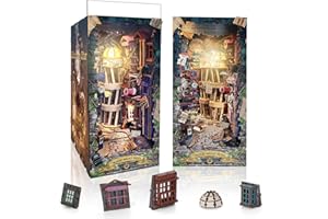FLYNOVA DIY Book Nook Kit,Magic Night Alley Dollhouse,Miniature House Kit with LED,Dust Proof 3D Wooden Puzzle,Booknook Bookend Bookshelf Insert Decor,Easter Halloween Home Decor,Adults Teens Birthday Gifts