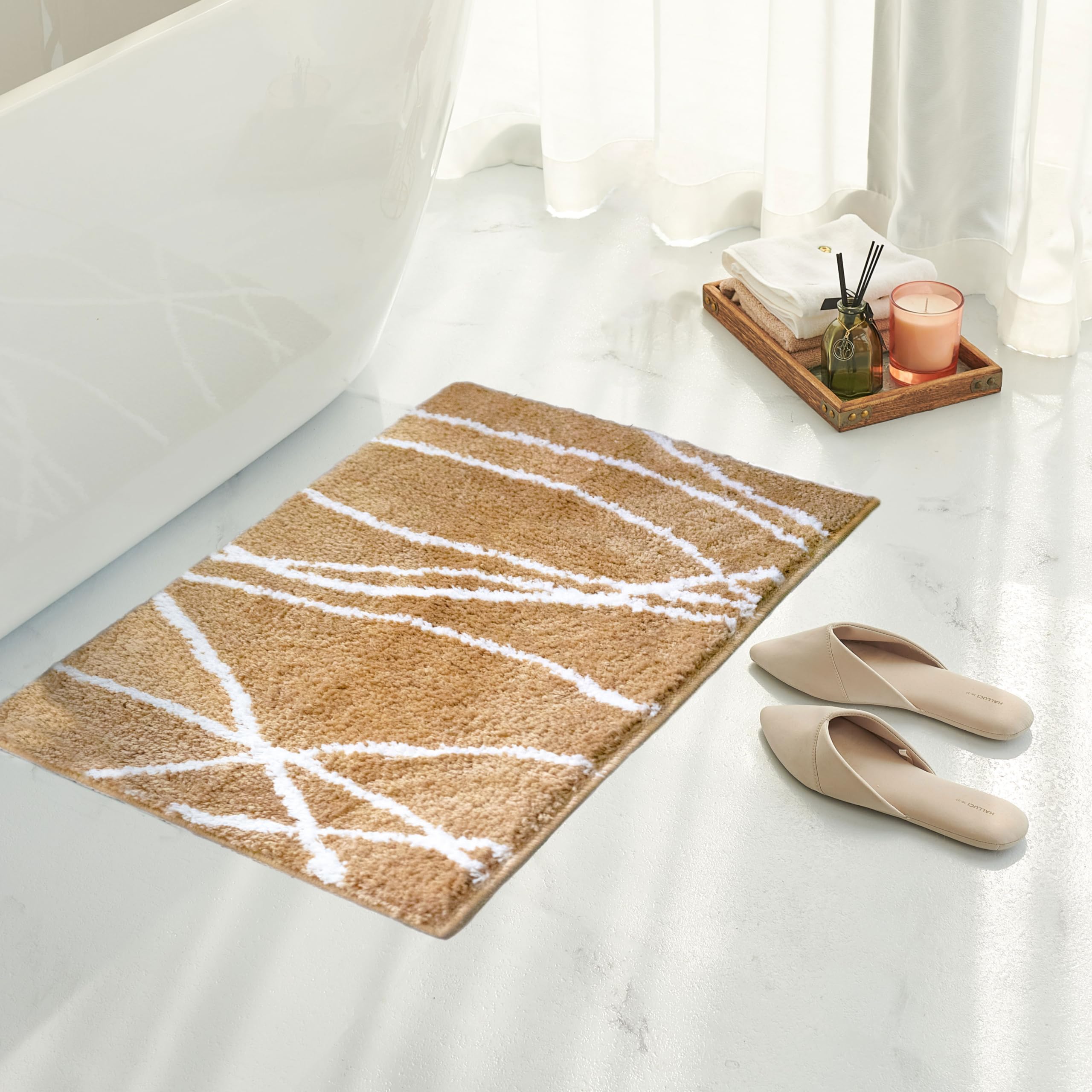 Photo 1 of Tititex Luxury White Tan Curve Line Bathroom Rug, 16x24 inch Classic Extra Soft and Absorbent Microfiber Bath Rugs, Non-Slip Plush Shaggy Bath Carpet, Bath Mats for Floor, Tub and Shower