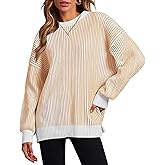 Zeagoo Women 2026 Fall Lightweight Oversized Sweater Crew Neck Long Sleeve Color Block Pullover Rib Knit Blouse Tops XS-2XL