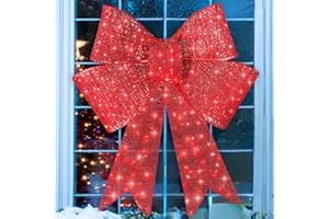 24" Lit Christmas Bow Decoration, Large Outdoor Lighted Bow with 50 LEDs, 8 Modes and Timer, Weather-Resistant Holiday Hangin