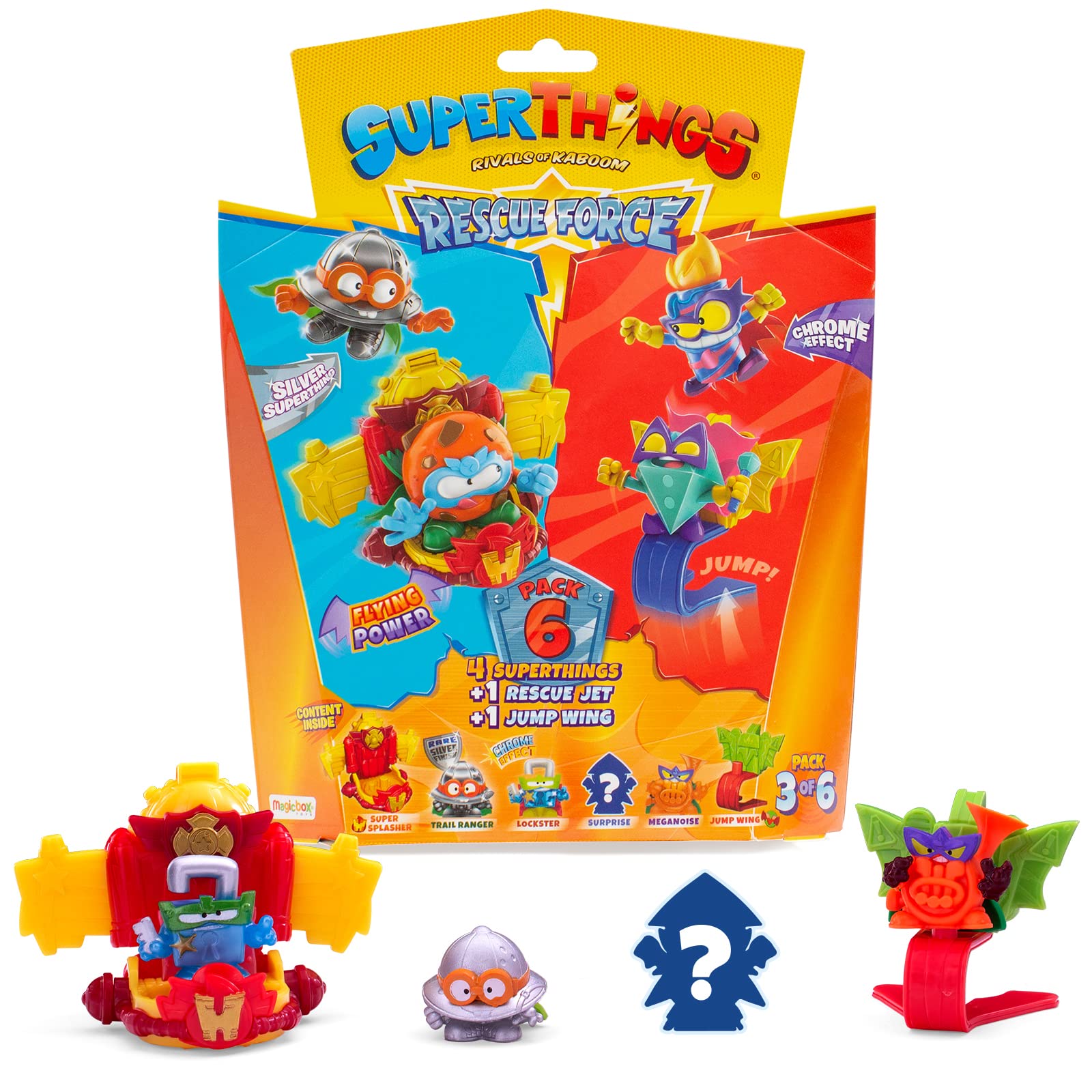 SUPERTHINGS Rescue Force Series – 6-Pack. Includes 4 SuperThings (1 rare silver captain), 1 Rescue Jet and 1 Jump Wing 3/6