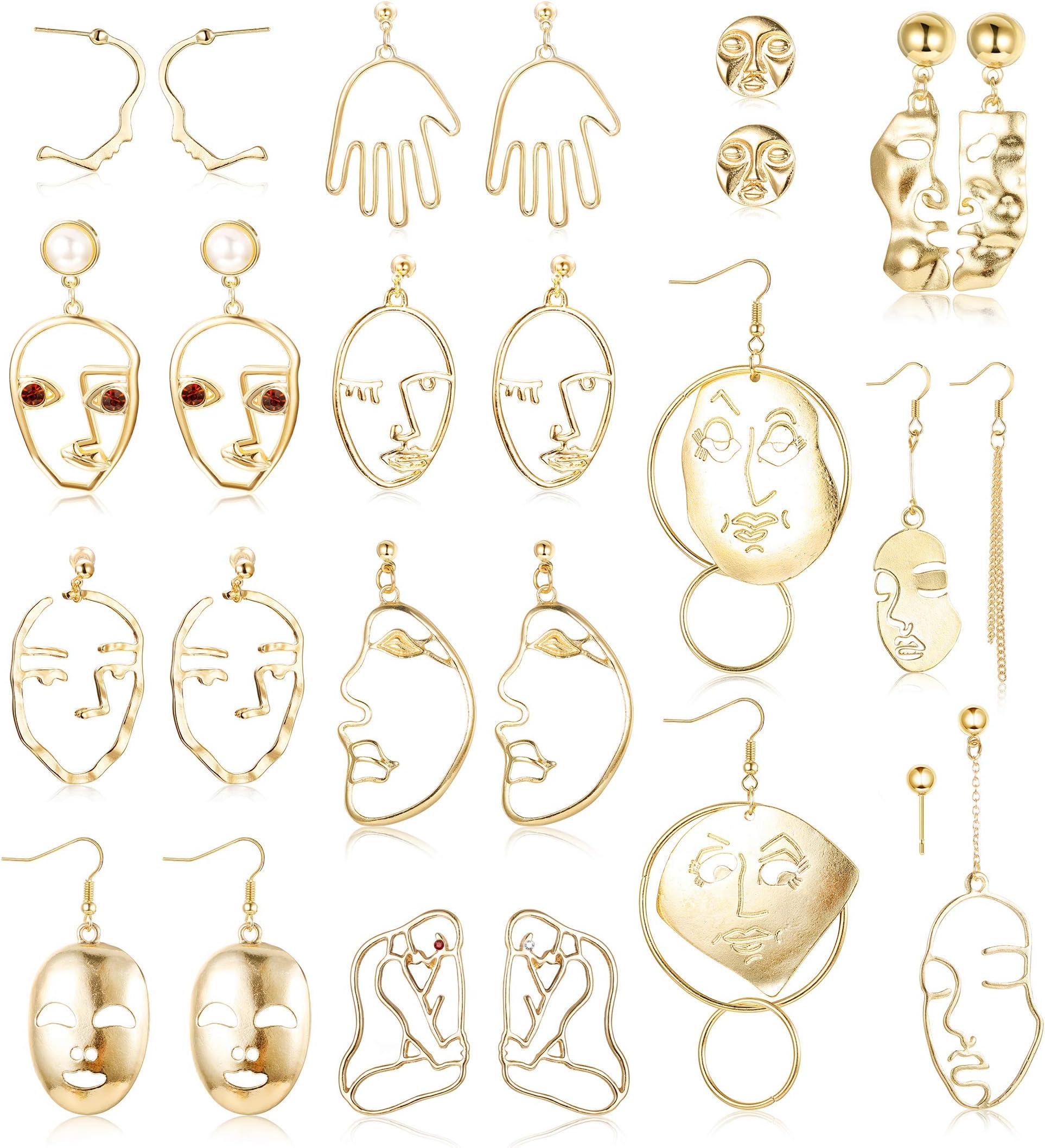 Hanpabum 13Pairs Platinum/Gold Plated Face Statement Earrings for Women Hollow Face Hand Shaped Drop Dangle Earrings Set Punk Style Fashion Abstract Art Jewelry