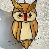 Handmade Stained Glass and Wrought Iron owl suncatcher - Amber and White Handcrafted Window Hanging Decoration with Rustic Charm