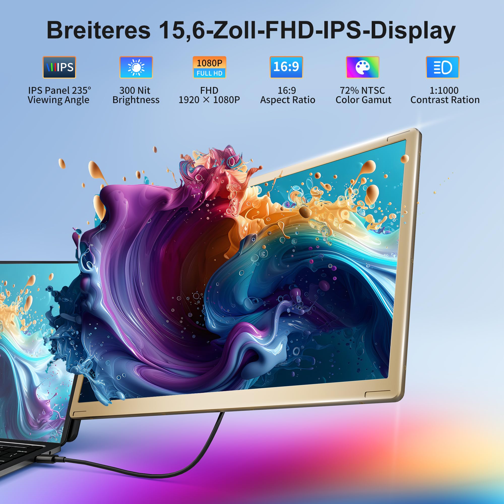 15.6 Inch Laptop Monitor Extension, 120% sRGB Laptop Screen Extender with 235° Rotation, 1080P Laptop Screen Extension, Removable, Malleable, Plug & Play, Portable Monitor for Mac Windows Chrome 2