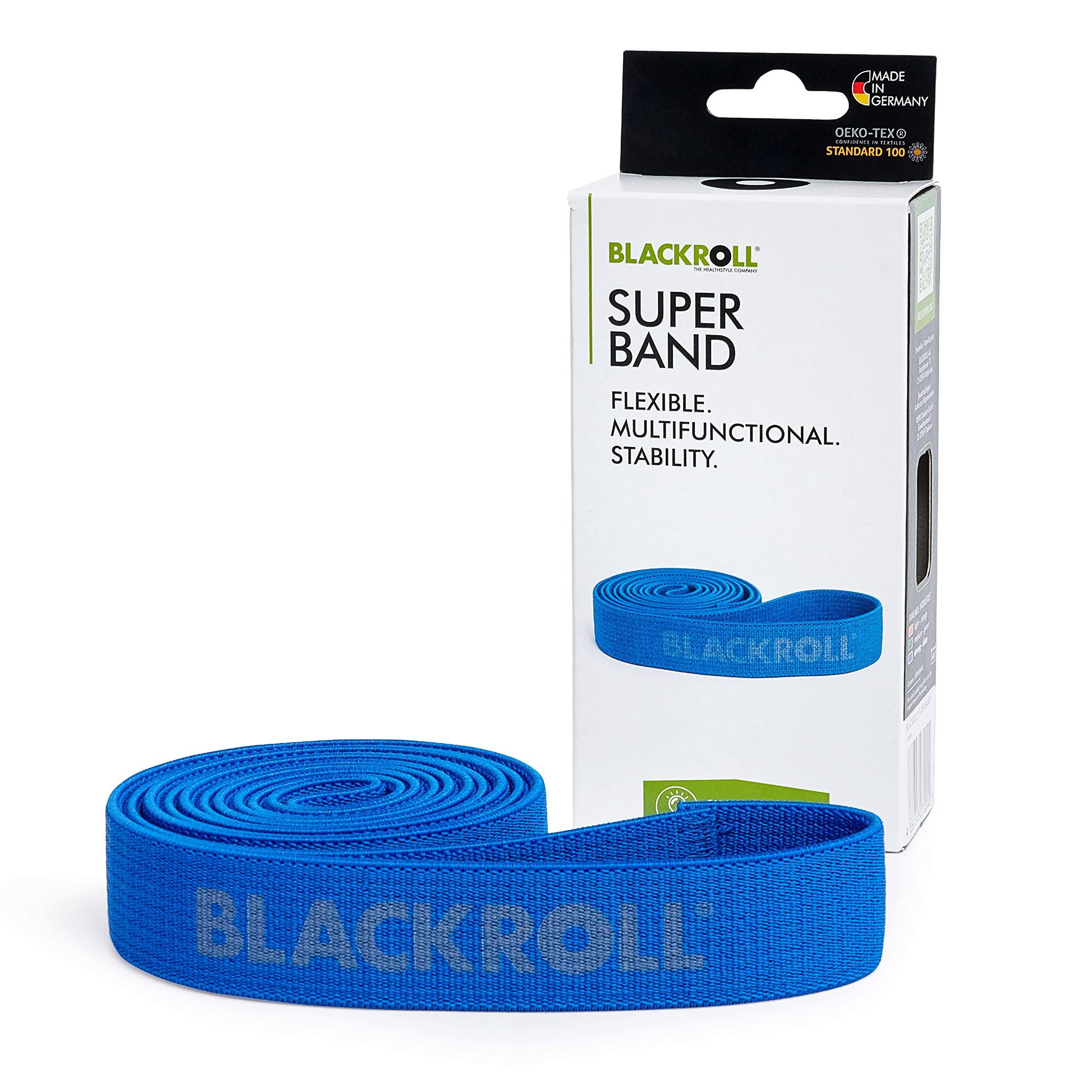 BLACKROLL® Super Band (104 cm), Exercise Band for Strengthening Muscles, Resistance Band Made of Skin-Friendly Textiles, Washable Fitness Band, Heavy Resistance (10 kg), Made in Germany, Blue