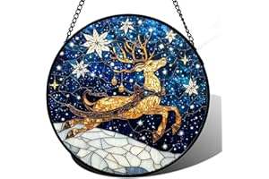 HWRHTR Stained Glass Window Hanging - Reindeer Blue Starry Sky Suncatcher for Doors Home Christmas Decoration Winter Sun Catcher Thanksgiving New Year Birthday Gifts for Women Men Mom Nana 7.8 in