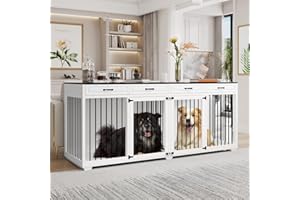 DAWNSPACES Furniture Style Dog Crate Extra Large 93" Heavy Duty Double Rooms Dog Kennel with Drawers & Removable Divider, Indoor Luxury Dog House TV Stand for XL Large Breed Dogs, White