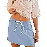 EsheSy Womens Mini Skirts Cotton Linen Drawcord Waist Short Skirts with Pockets(Blue-S)