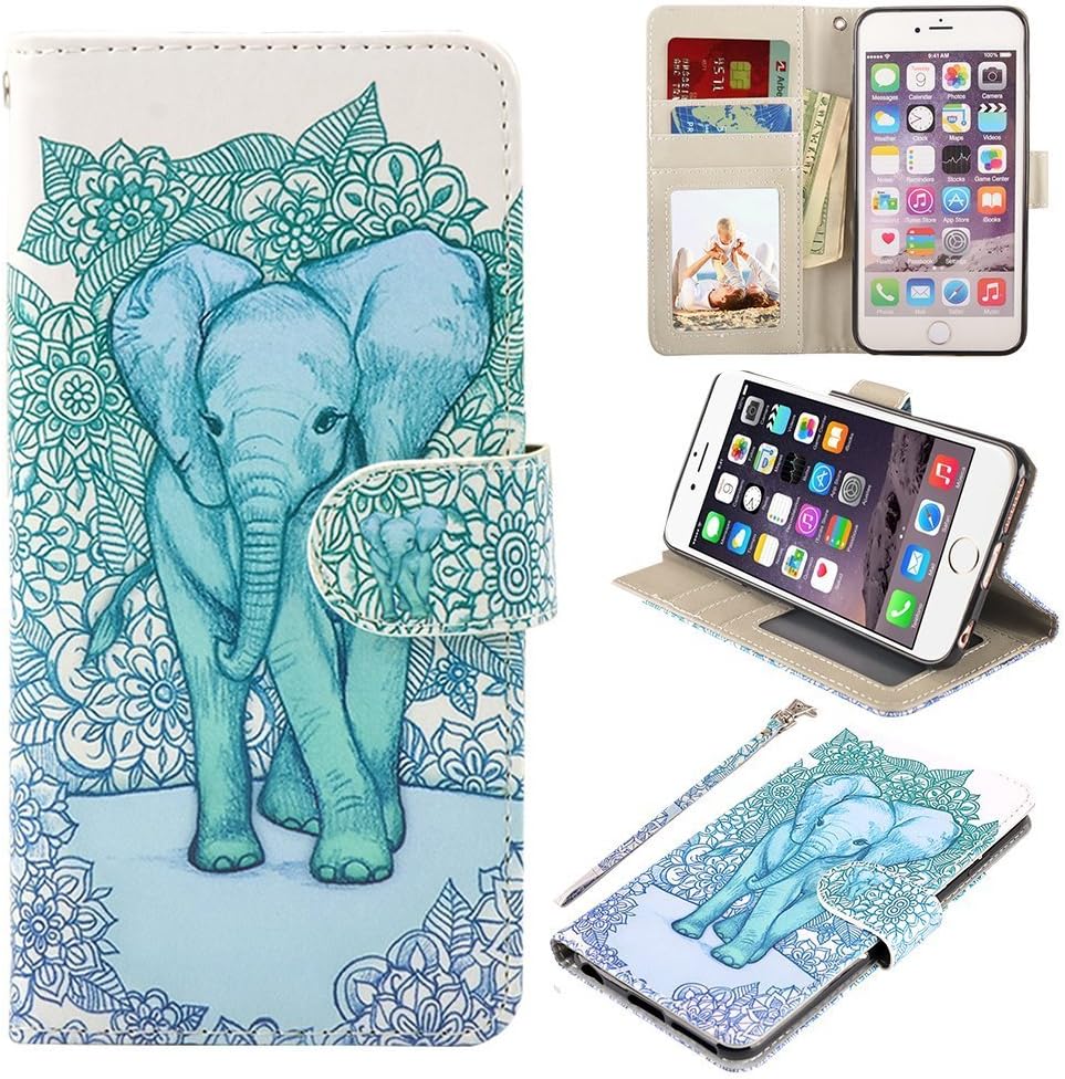 RusseryPek iPhone 6 Plus 6s Plus Wallet Case Folio Flip Premium PU Leather Cover with Card Holder Slot Pockets,Wrist Strap,Magnetic Closure for iPhone 6/6s Plus,Elephant