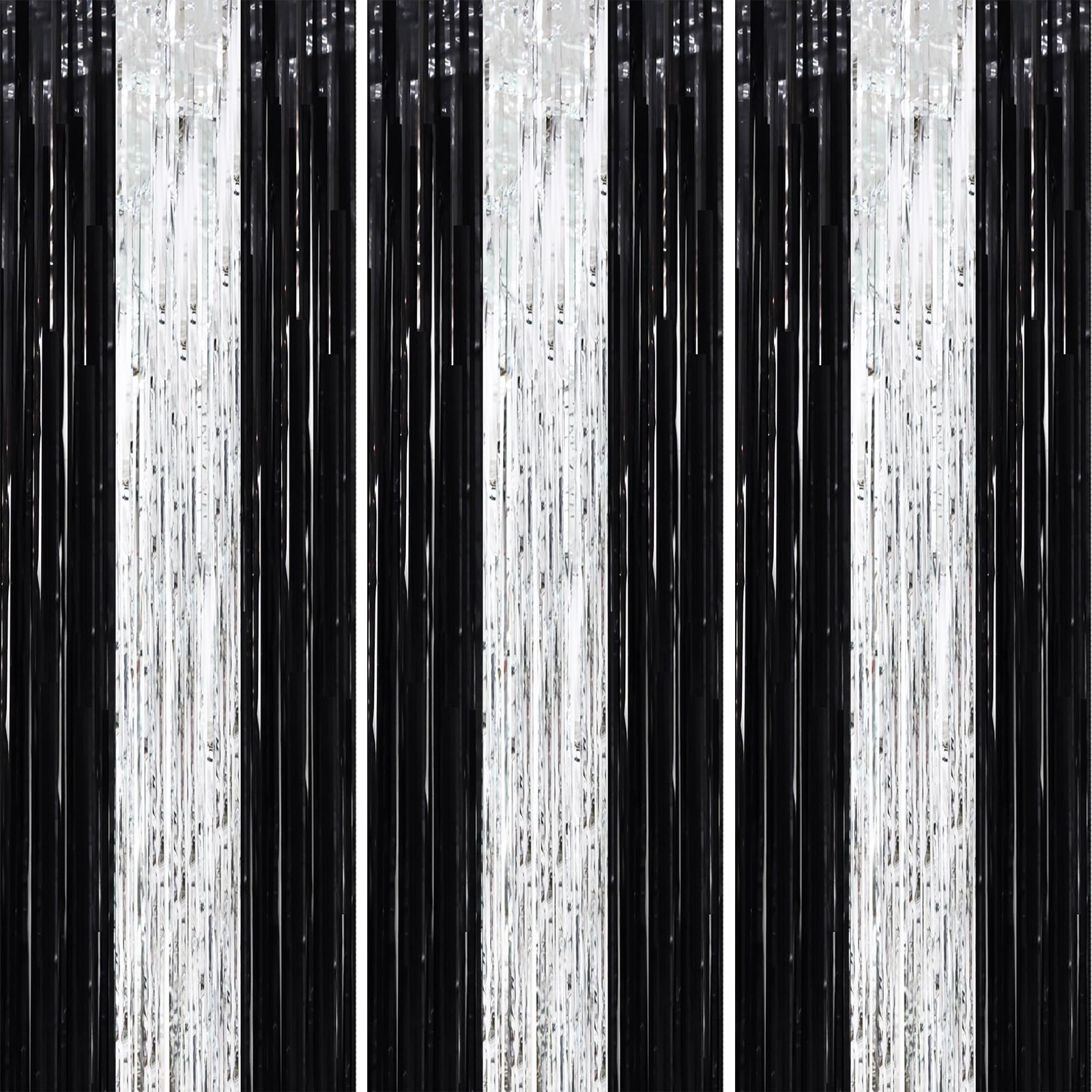 Photo 1 of *Pack of 2* Voircoloria 3 Pack 3.3 x 8.2 ft Black and Silver Foil Fringe Backdrop Curtains, Tinsel Streamers Party Decorations, Fringe Backdrop