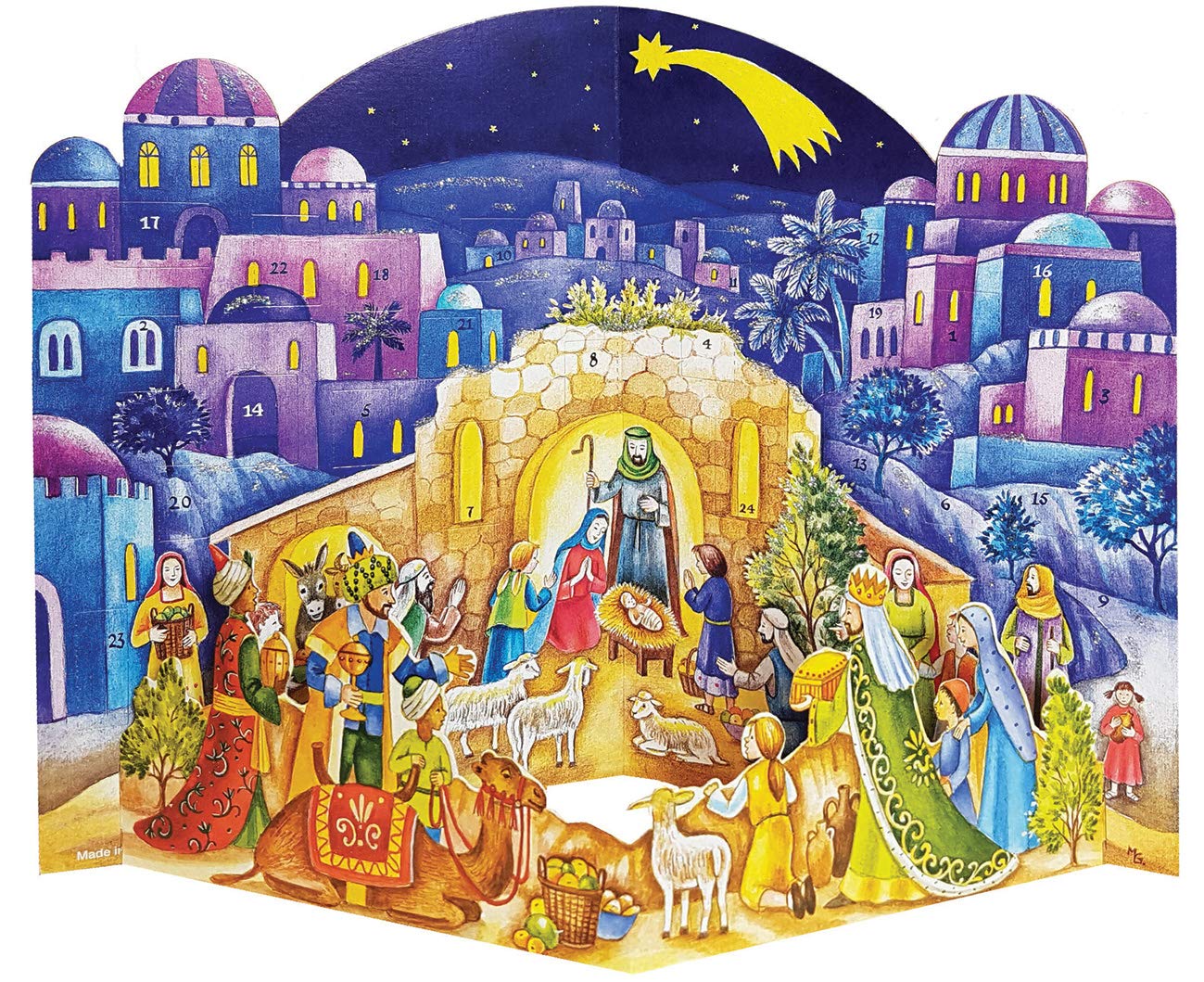 Large Two Part Free Standing Advent Calendar 24 Doors 370 x 265 mm - Nativity Blue Bethlehem pop up - with Glitter and Translucent Windows - RS 572 - Traditional Antique German Design